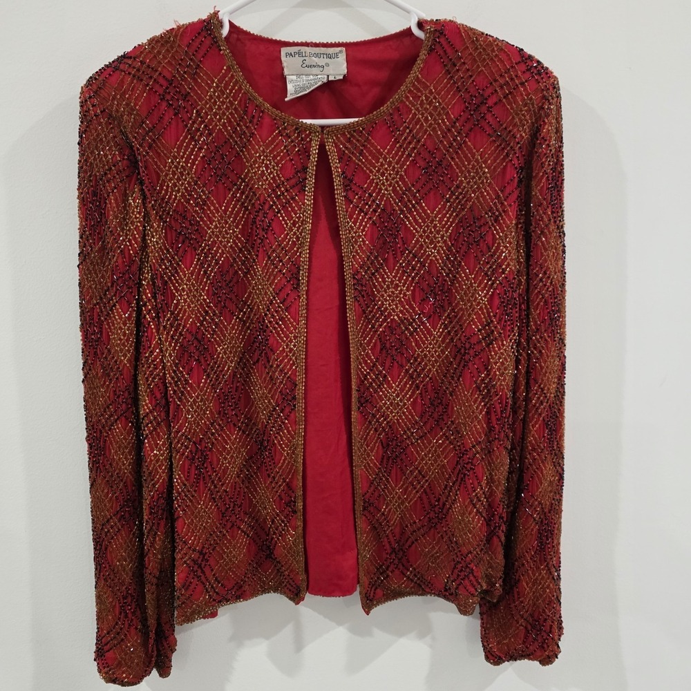 Vintage Adrianna Papell Silk Beaded‎ Evening Jacket Size Large Red Glam Regency